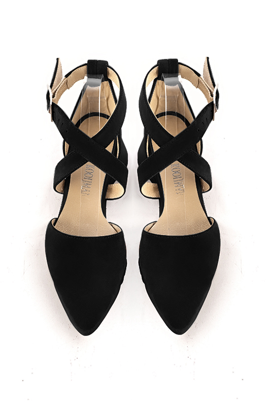 Matt black women's open side shoes, with crossed straps.. Top view - Florence KOOIJMAN